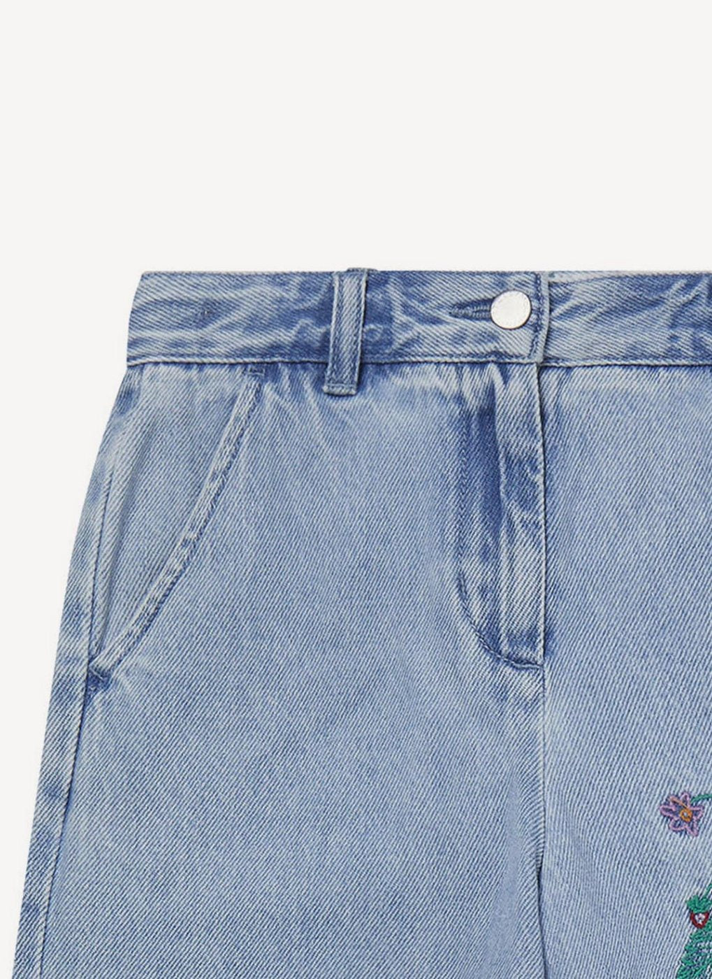 Trousers Recycled Vintage Wash With Embroidery Detail - Sky Blue - Femme