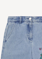 Trousers Recycled Vintage Wash With Embroidery Detail - Sky Blue - Femme