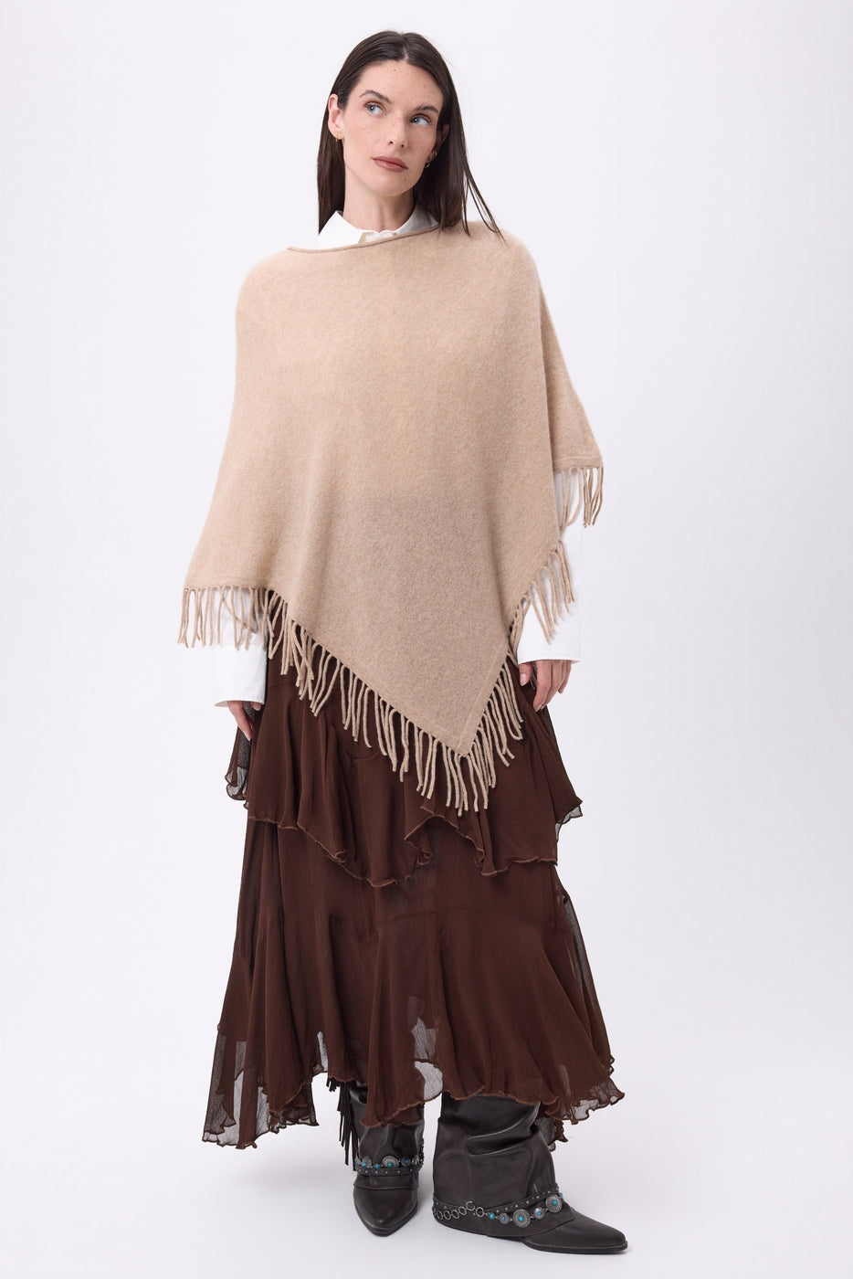 Poncho À Franges Stepp - Beige Creme - Femme