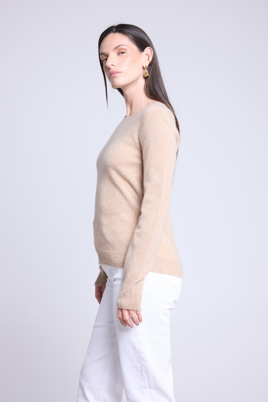 Jersey de cuello redondo con corazones cosidos en los codos Stitch - Beige crema blanco - Mujer