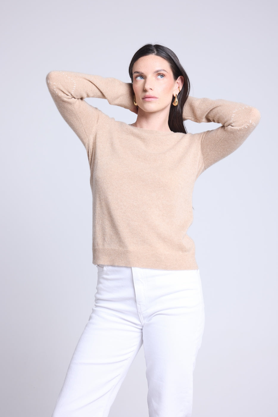 Jersey de cuello redondo con corazones cosidos en los codos Stitch - Beige crema blanco - Mujer