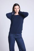 Pull Col Rond Cœur Cousus Coudes Stitch - Bleu Marine Blanc - Femme