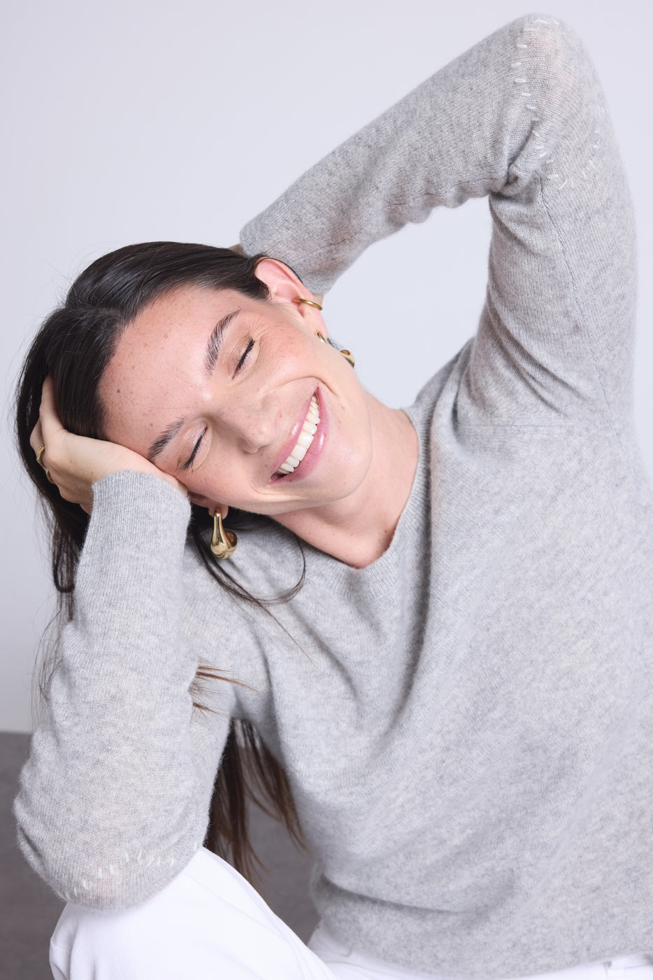 Jersey de cuello redondo con corazones cosidos en los codos Stitch - Gris claro blanco - Mujer