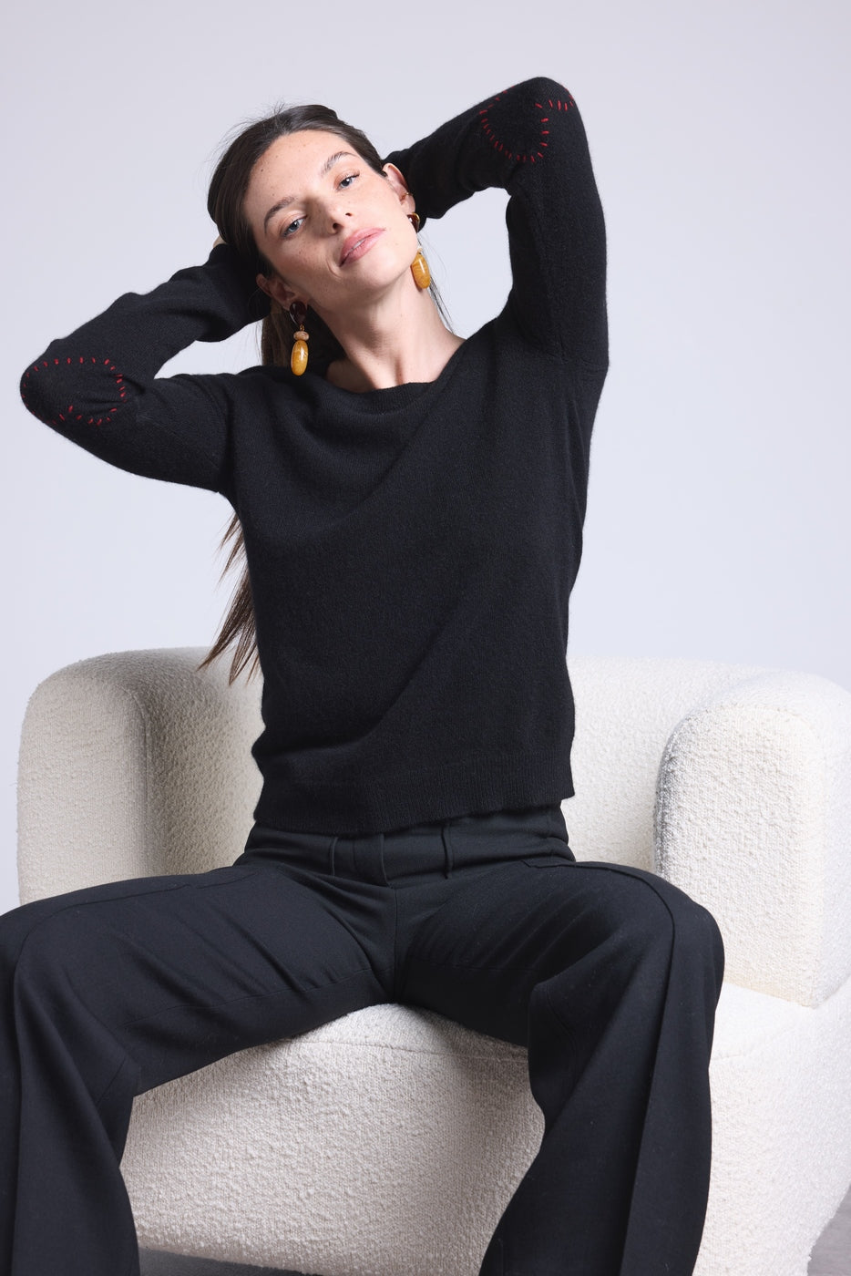 Stitch Stitched Heart Elbow Patch Crew-Neck Jumper - Black Red - Women