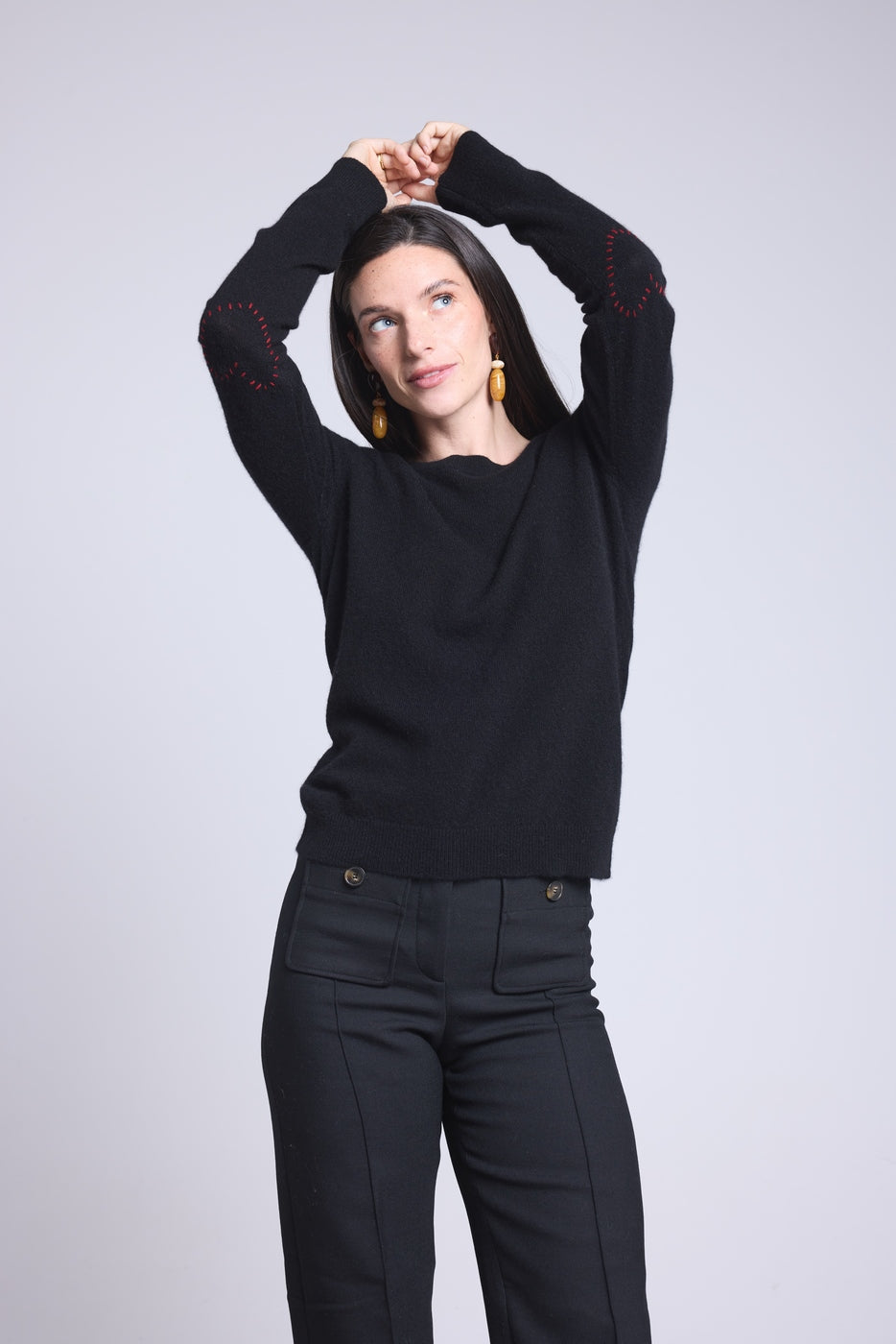 Stitch Stitched Heart Elbow Patch Crew-Neck Jumper - Black Red - Women