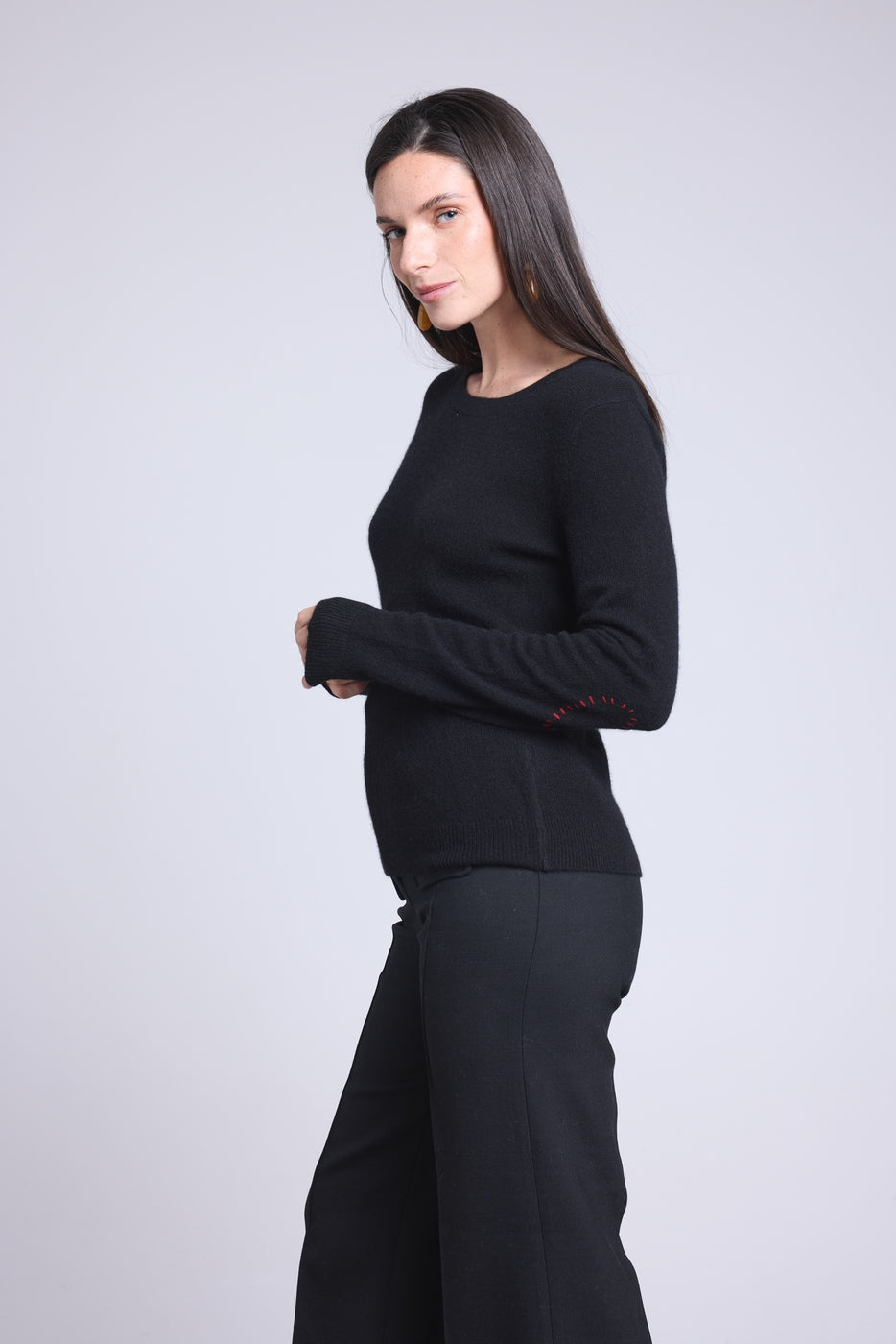 Stitch Stitched Heart Elbow Patch Crew-Neck Jumper - Black Red - Women
