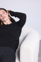 Stitch Stitched Heart Elbow Patch Crew-Neck Jumper - Black Red - Women