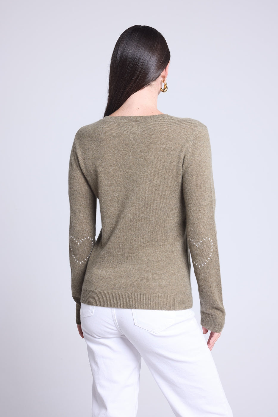 Jersey de cuello redondo con corazón y coderas cosidas Stitch - Verde caqui blanco - Mujer