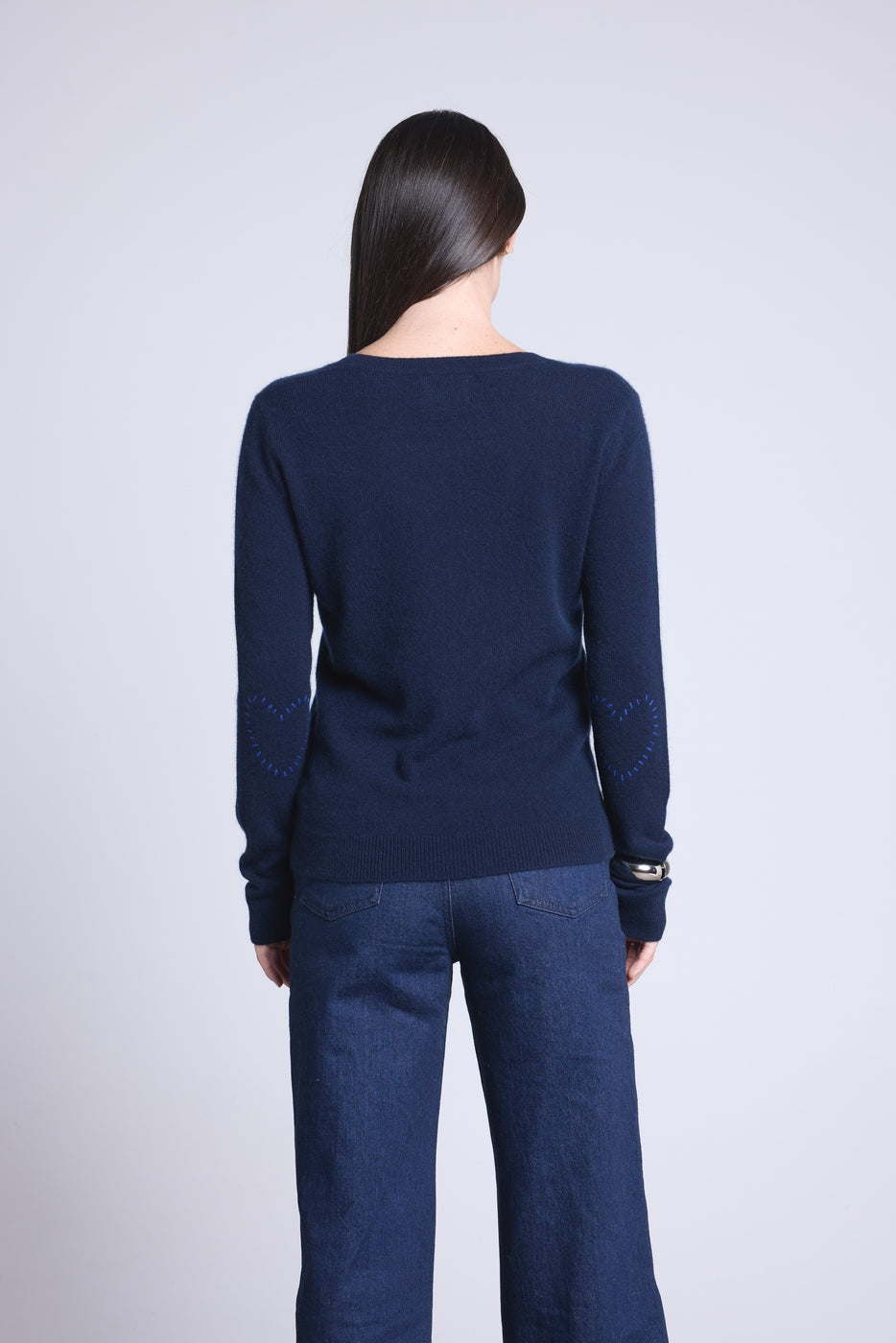 Jersey Cuello Redondo Corazón Cosido En Codos Stitch - Azul Marino Azul Rey - Mujer