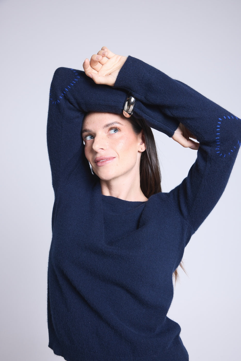 Jersey Cuello Redondo Corazón Cosido En Codos Stitch - Azul Marino Azul Rey - Mujer