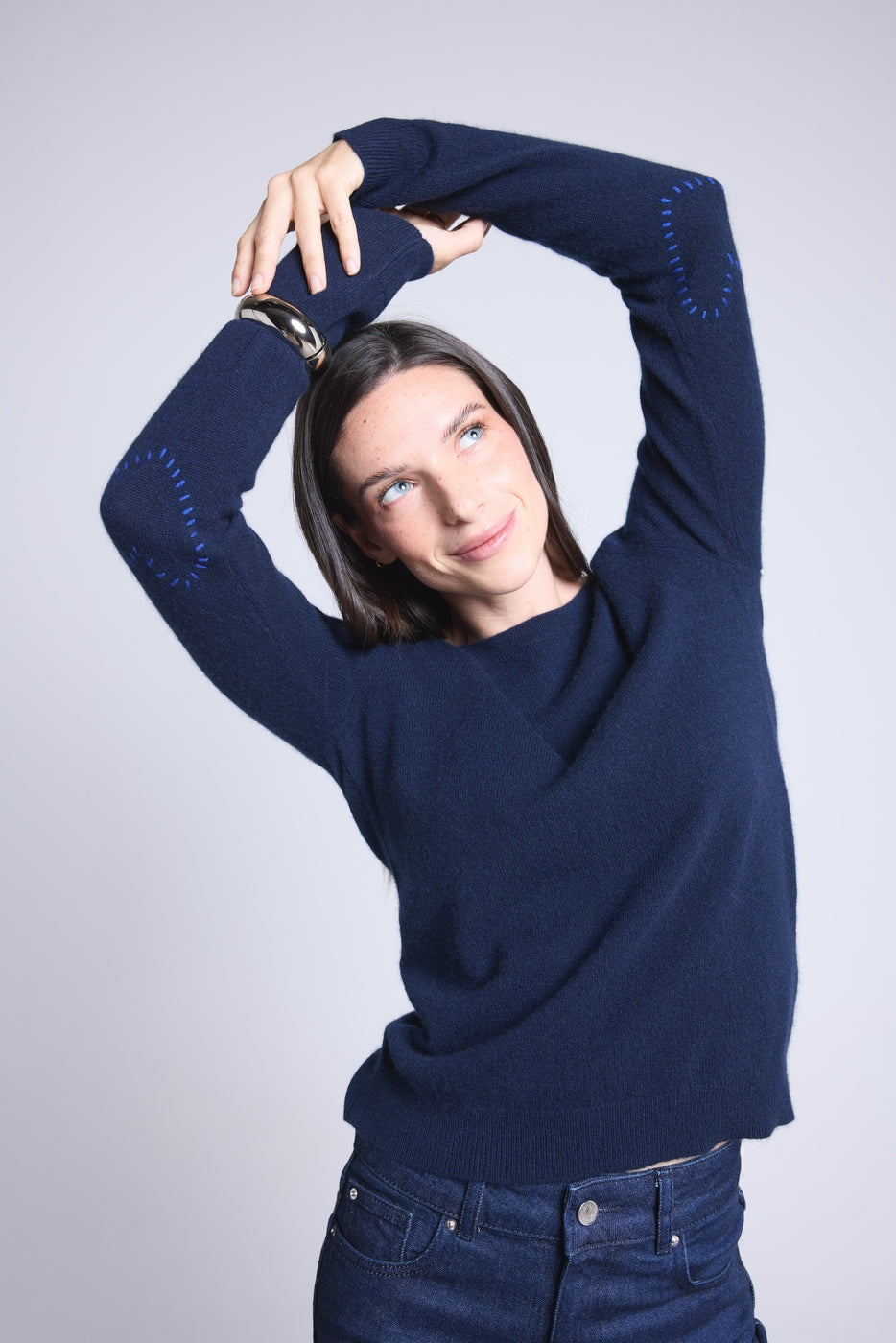 Jersey Cuello Redondo Corazón Cosido En Codos Stitch - Azul Marino Azul Rey - Mujer