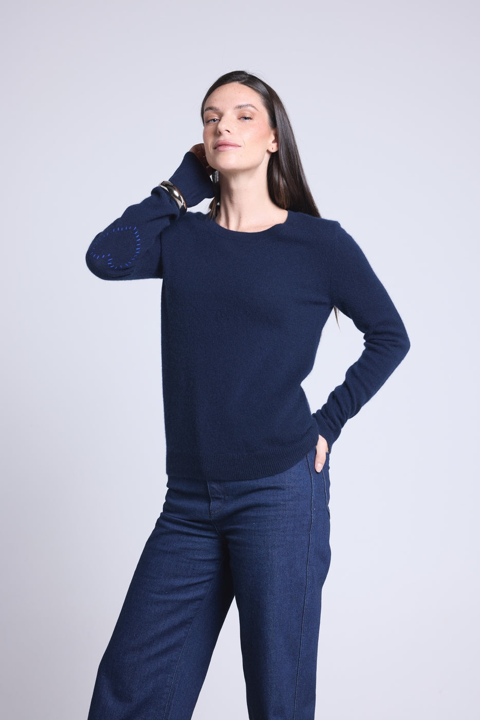 Jersey Cuello Redondo Corazón Cosido En Codos Stitch - Azul Marino Azul Rey - Mujer