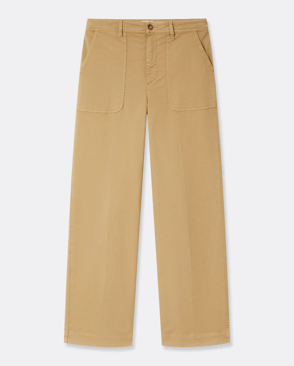 Pantalon femme en coton couleur praline avec coupe droite et jambes larges, tissu stretch pour un confort optimal et une silhouette adaptable.