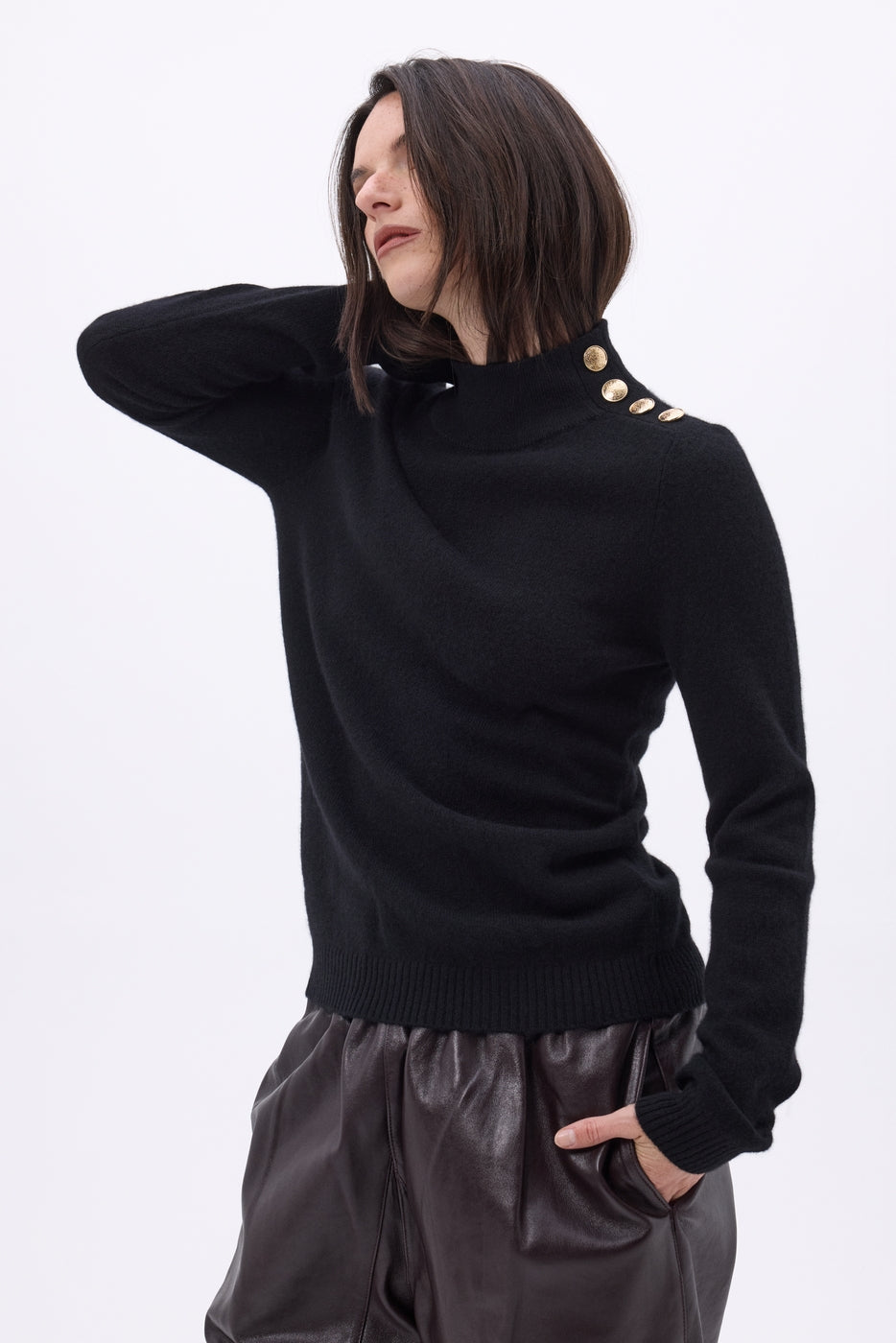 Pull Col Montant Boutons Dorés Swan - Noir - Femme
