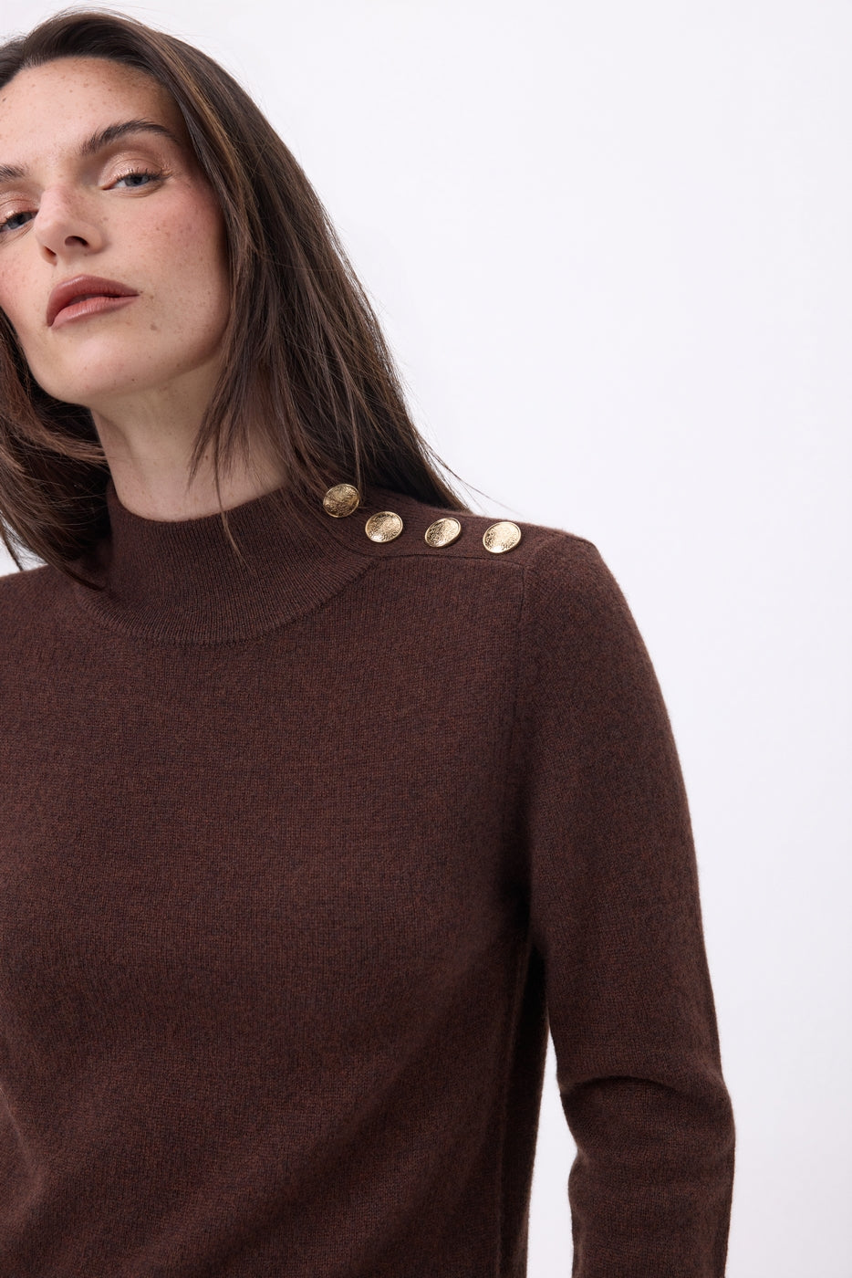 Pull Col Montant Boutons Dorés Swan - Marron Chocolat - Femme