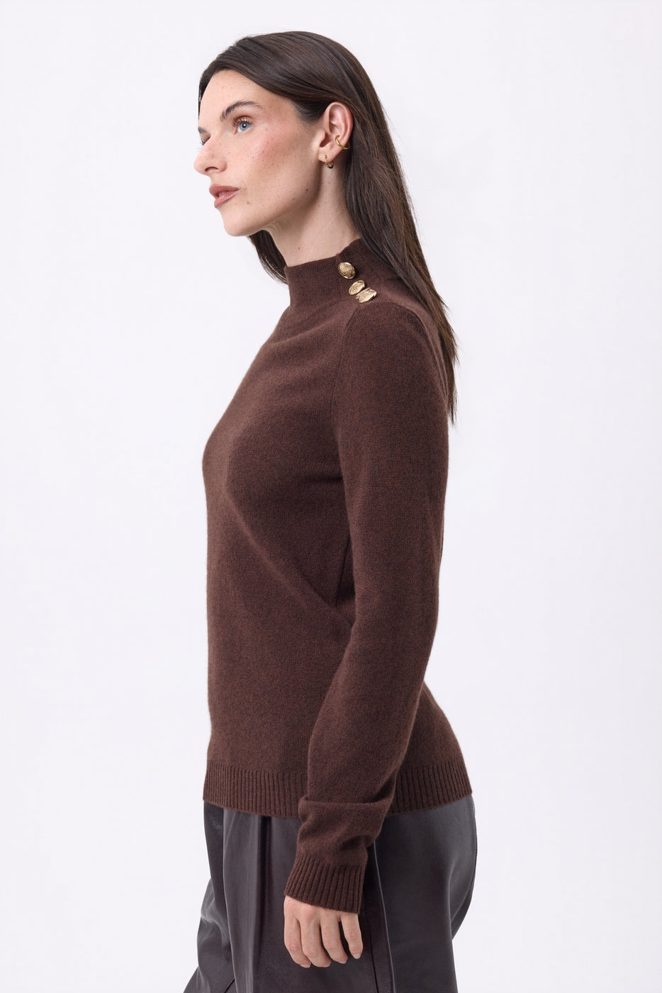 Pull Col Montant Boutons Dorés Swan - Marron Chocolat - Femme