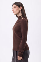 Pull Col Montant Boutons Dorés Swan - Marron Chocolat - Femme