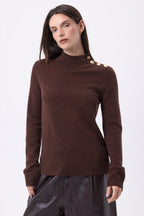Pull Col Montant Boutons Dorés Swan - Marron Chocolat - Femme