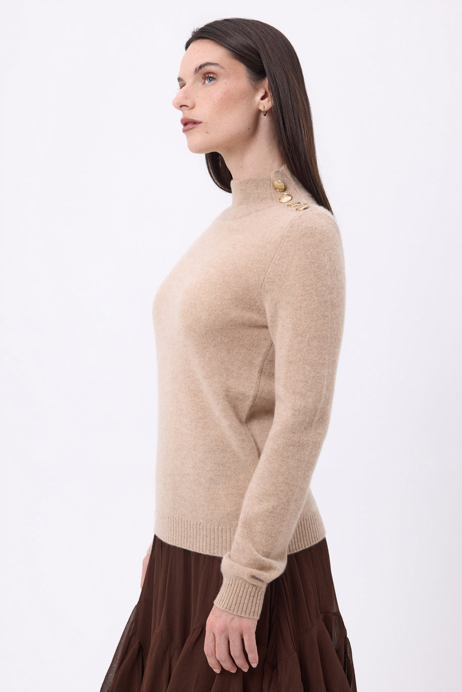 Pull Col Montant Boutons Dorés Swan - Beige Creme - Femme
