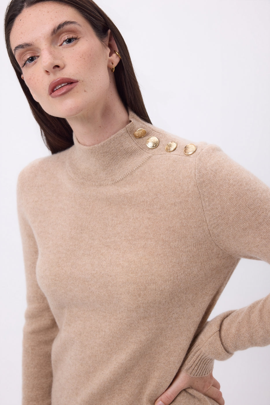 Pull Col Montant Boutons Dorés Swan - Beige Creme - Femme