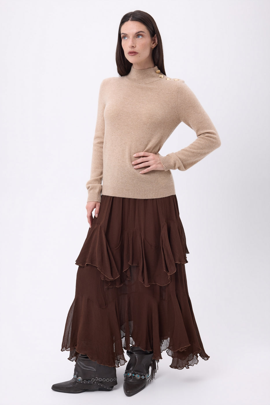 Pull Col Montant Boutons Dorés Swan - Beige Creme - Femme