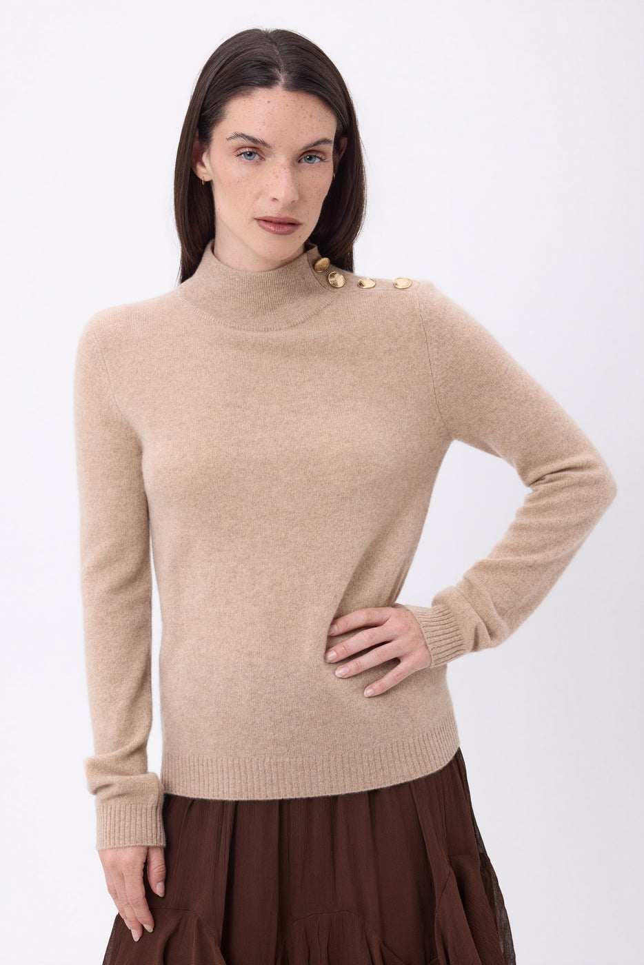 Pull Col Montant Boutons Dorés Swan - Beige Creme - Femme