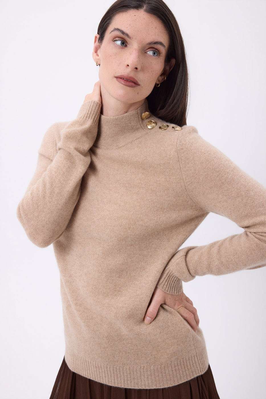 Pull Col Montant Boutons Dorés Swan - Beige Creme - Femme