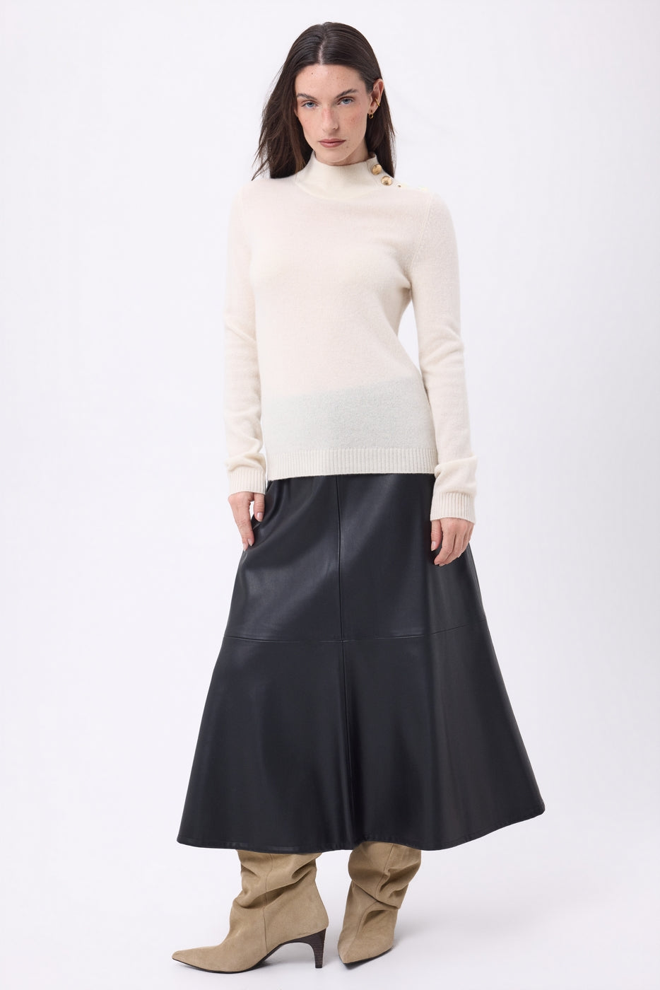Pull Col Montant Boutons Dorés Swan - Blanc - Femme