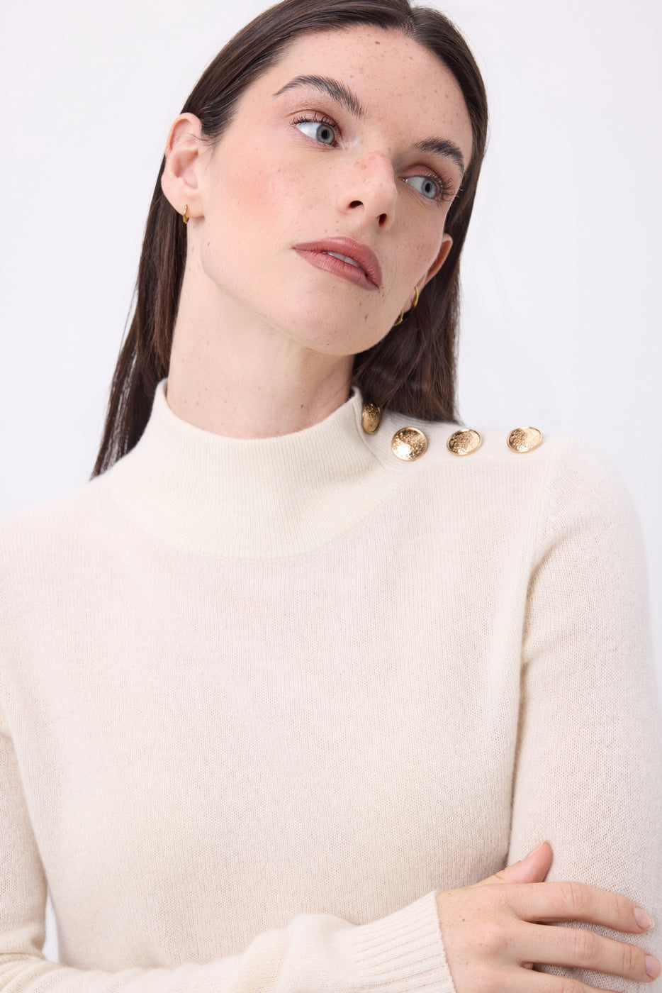 Pull Col Montant Boutons Dorés Swan - Blanc - Femme