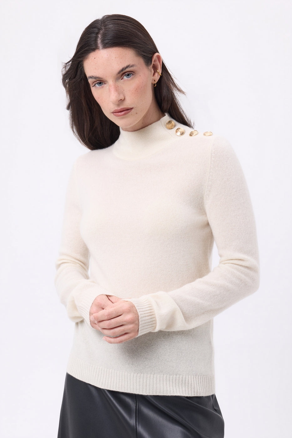 Pull Col Montant Boutons Dorés Swan - Blanc - Femme