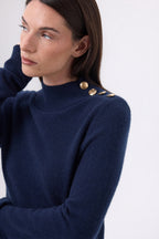 Pull Col Montant Boutons Dorés Swan - Bleu Marine - Femme