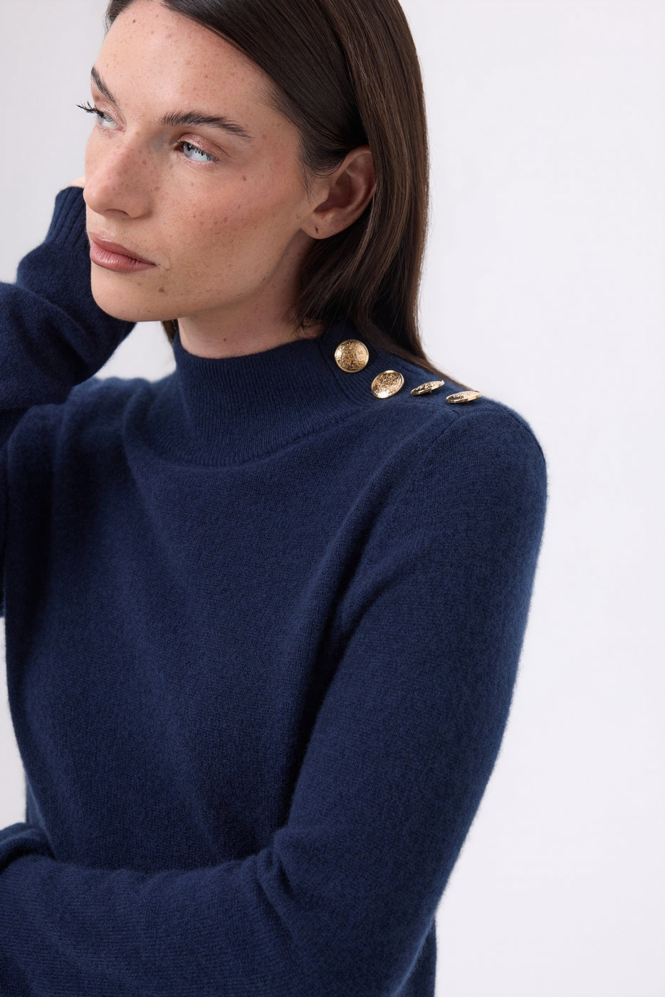 Pull Col Montant Boutons Dorés Swan - Bleu Marine - Femme