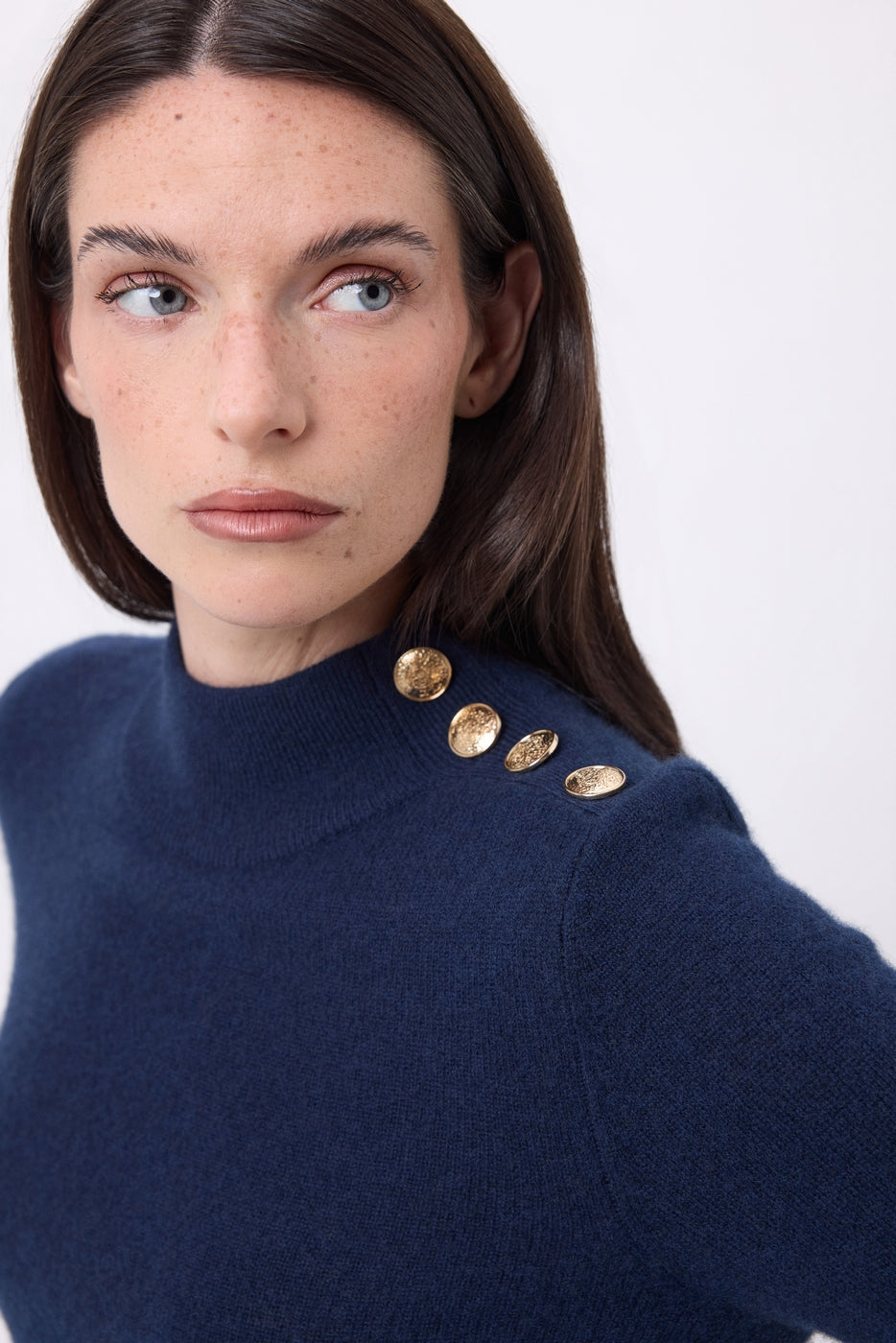 Pull Col Montant Boutons Dorés Swan - Bleu Marine - Femme
