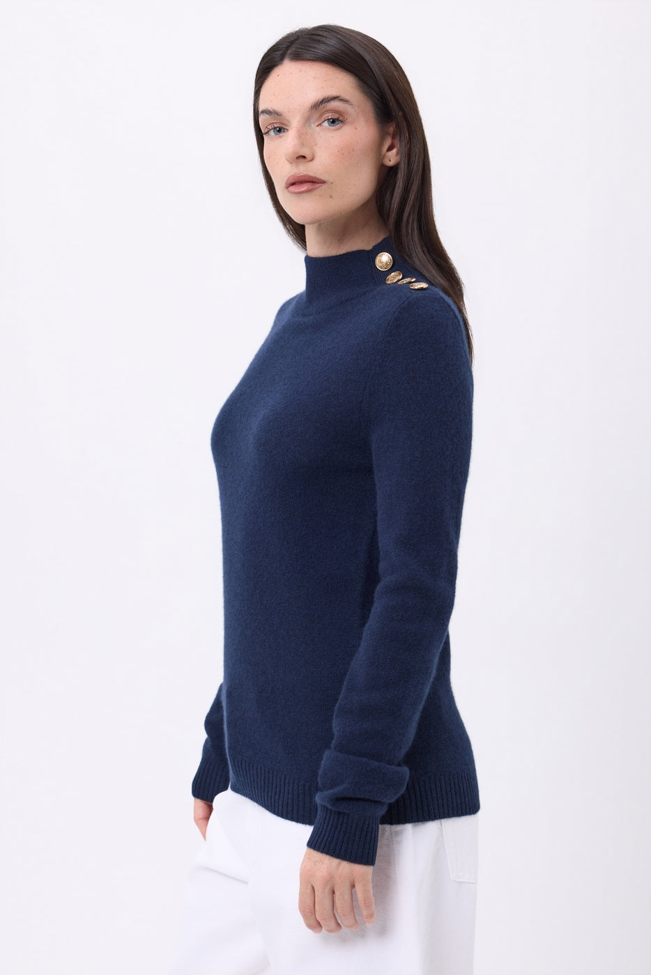 Pull Col Montant Boutons Dorés Swan - Bleu Marine - Femme