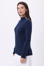 Pull Col Montant Boutons Dorés Swan - Bleu Marine - Femme