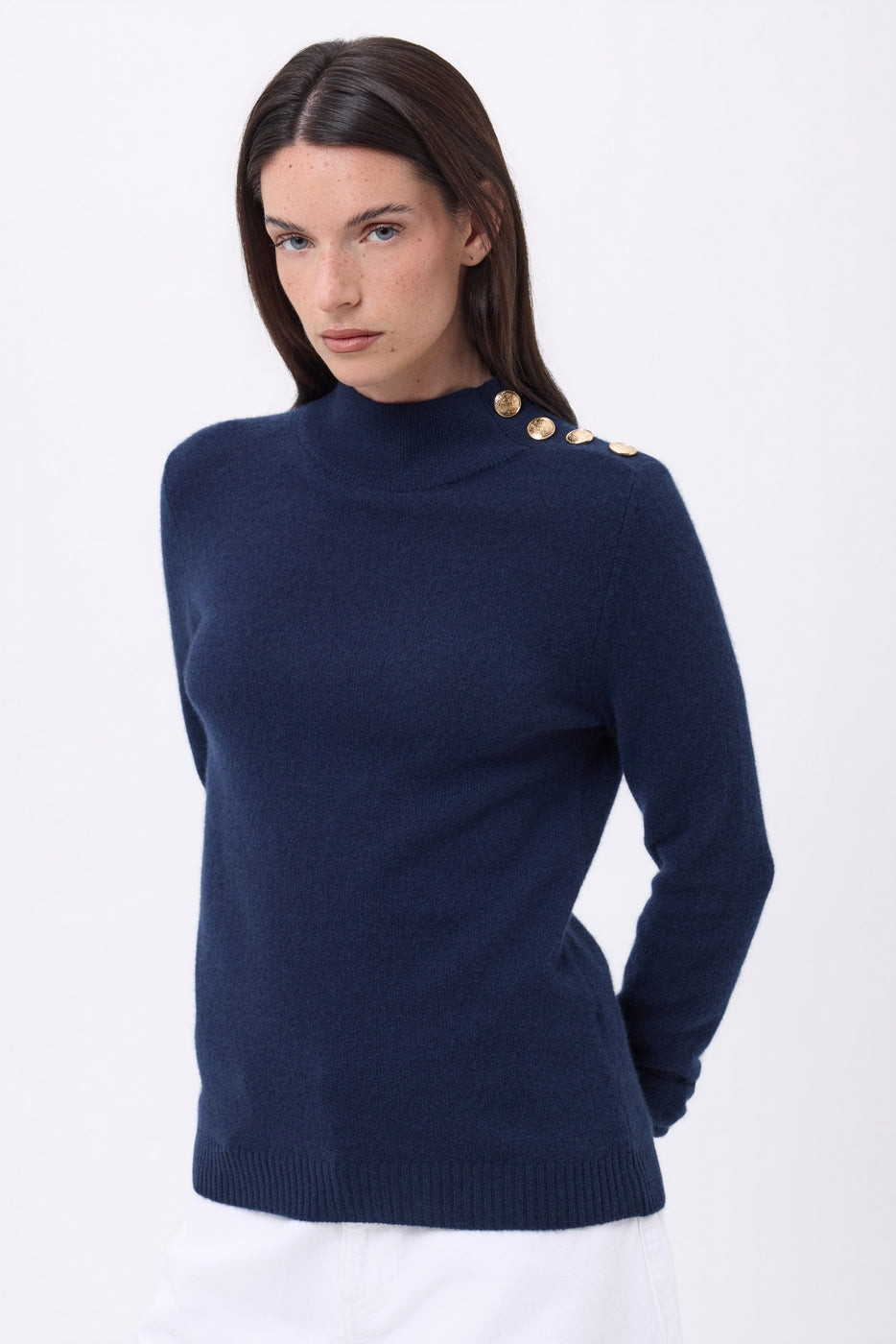 Pull Col Montant Boutons Dorés Swan - Bleu Marine - Femme