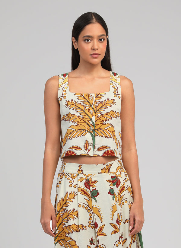An'ge – Debardeur Symaly Tropico Jaune, model draagt een set van top en broek met kleurrijke motieven van voren