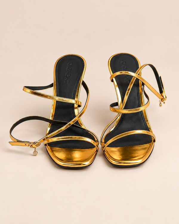 CAZABAT – Aria - In Gold Mirrored Leather, paio di sandali dorati con tacco e cinturini sottili neri
