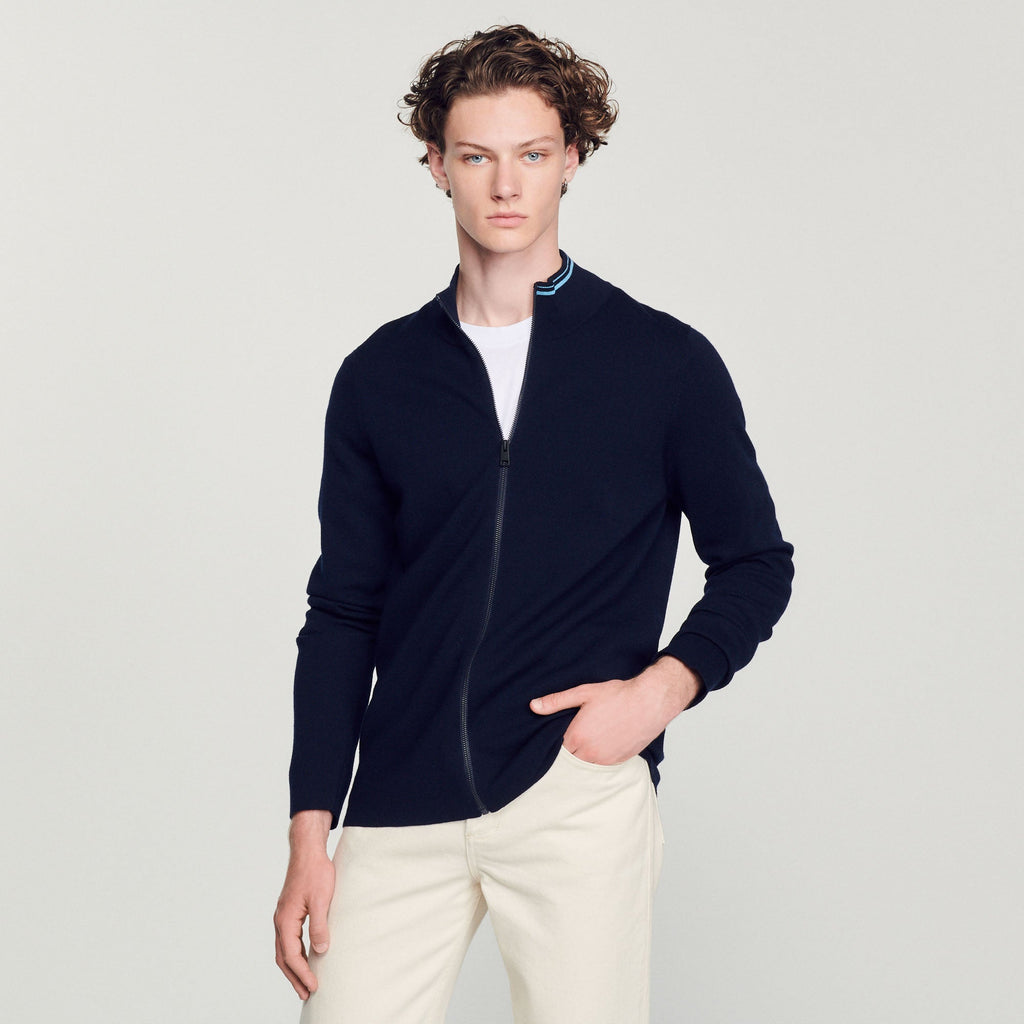 Striped Collar Zip-Up Cardigan