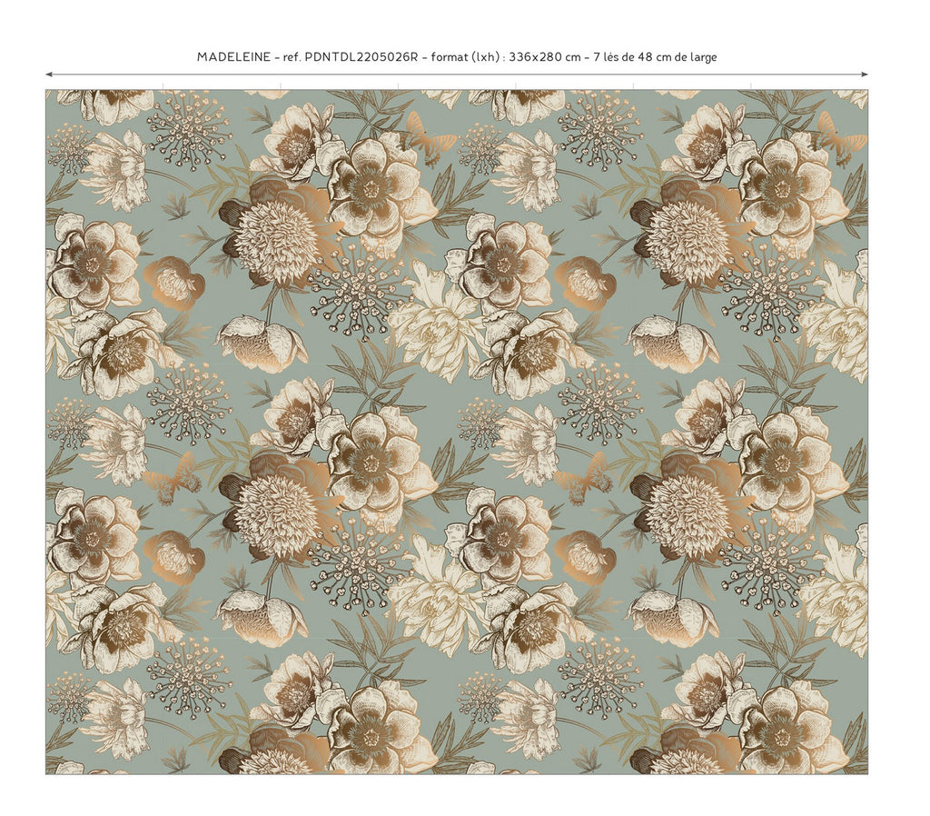 Lé Papiers De Ninon – Madeleine Panoramic Wallpaper - Blue, printed fabric with floral motifs in shades of brown and beige on a sea green background