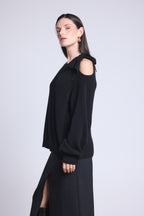 Jersey de cuello redondo con abertura y lazo en el hombro Tamara - Negro - Mujer