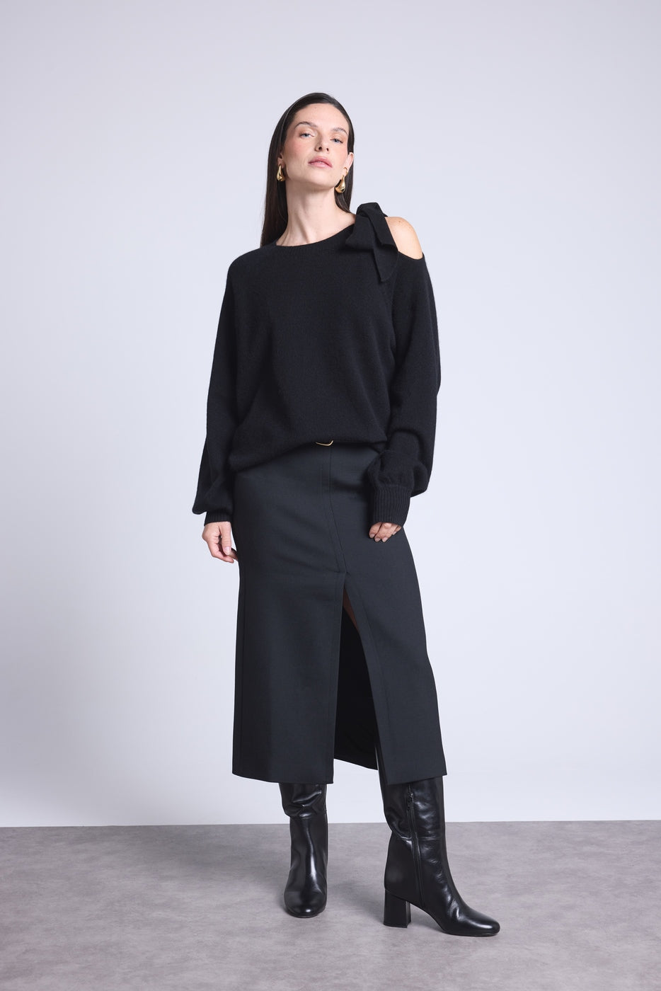 Jersey de cuello redondo con abertura y lazo en el hombro Tamara - Negro - Mujer