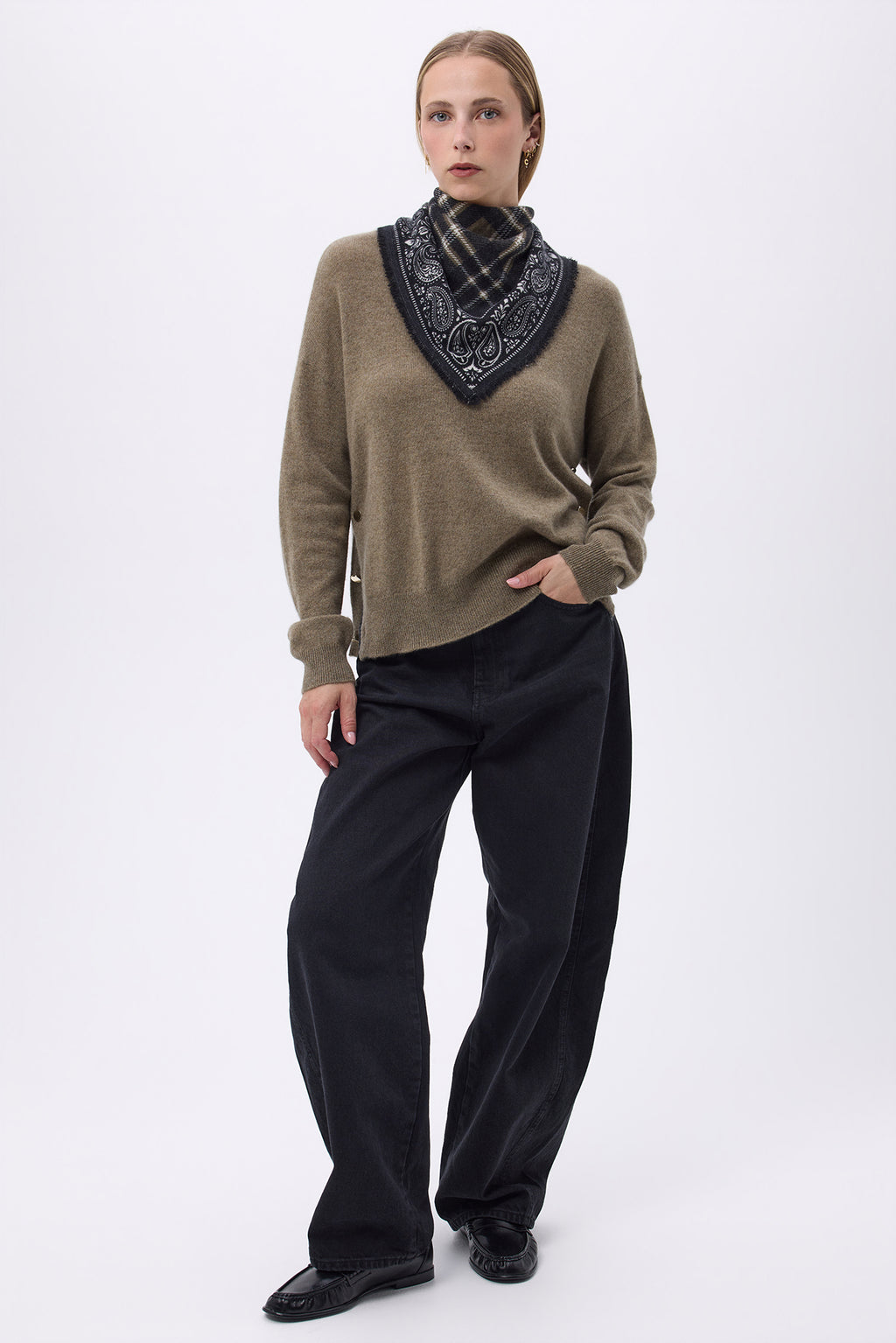 Mała Bandana w Kratę Tartan - Khaki Zielona - Damska
