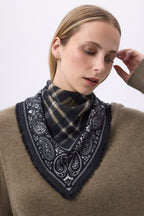 Mała Bandana w Kratę Tartan - Khaki Zielona - Damska