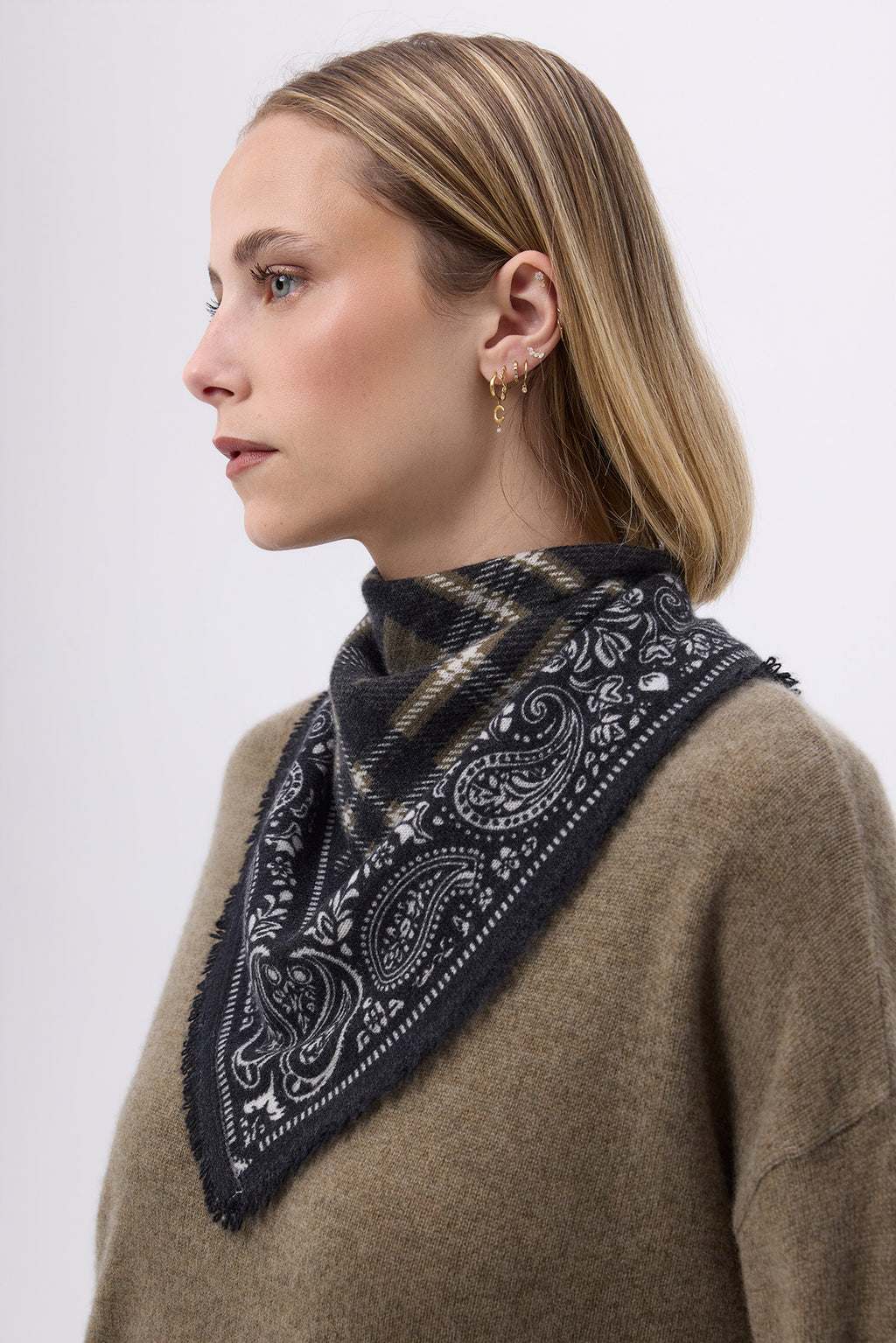 Mała Bandana w Kratę Tartan - Khaki Zielona - Damska