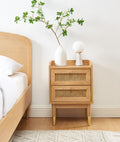 Leon - Bedside Table - Oak Veneer and Rattan Cane