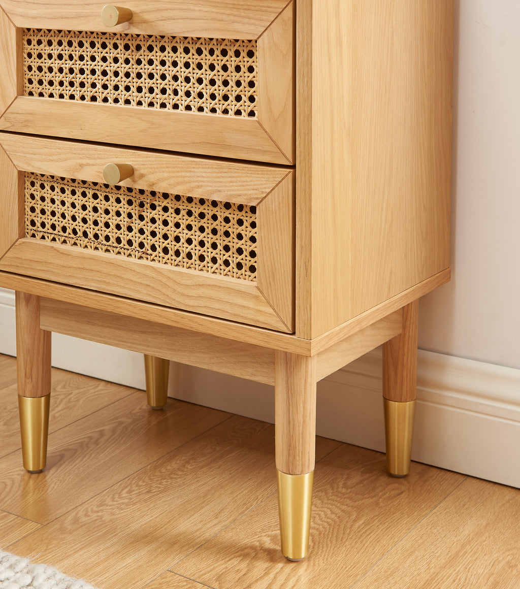 Leon - Bedside Table - Oak Veneer and Rattan Cane