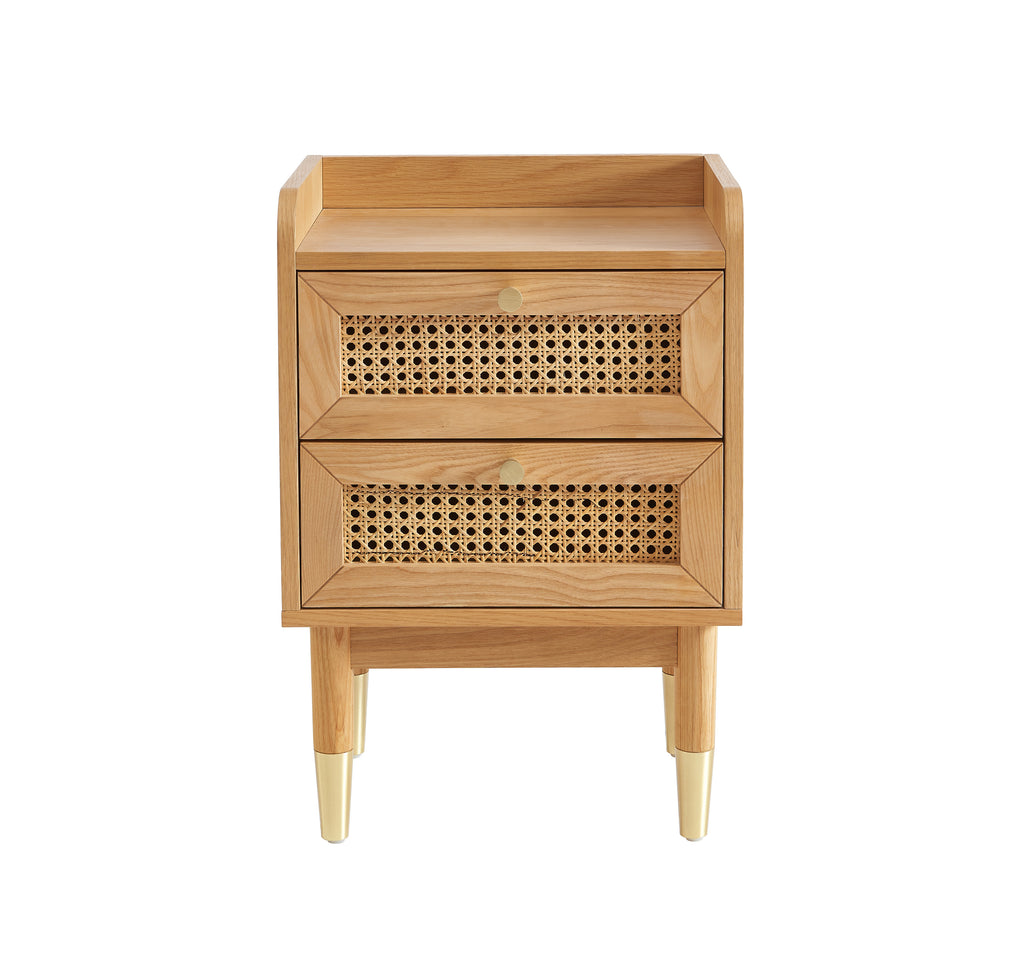 Leon - Bedside Table - Oak Veneer and Rattan Cane