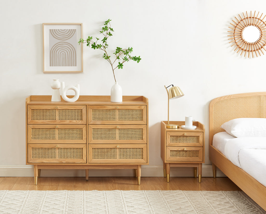 Leon - Bedside Table - Oak Veneer and Rattan Cane
