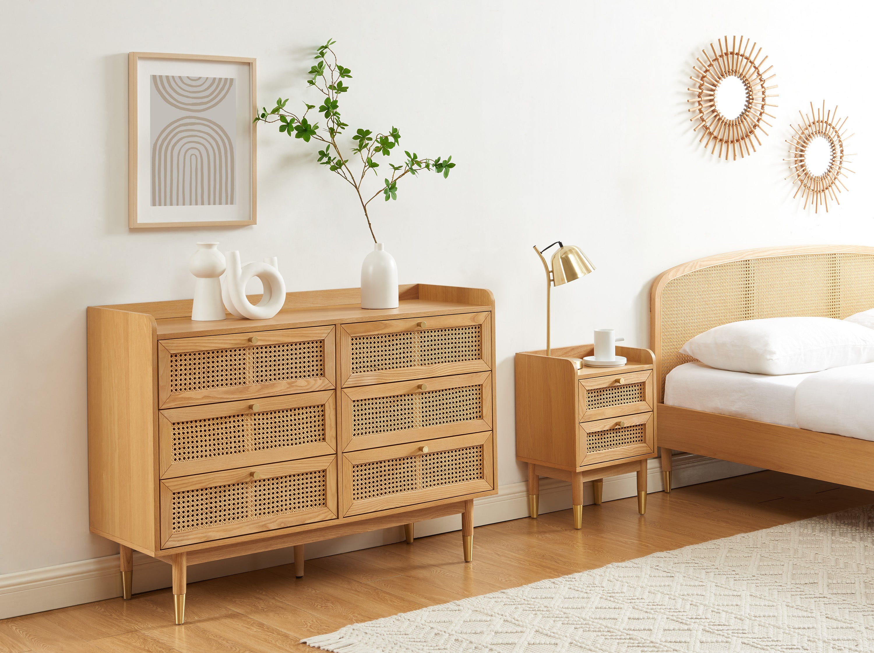 Leon - Bedside Table - Oak Veneer and Rattan Cane